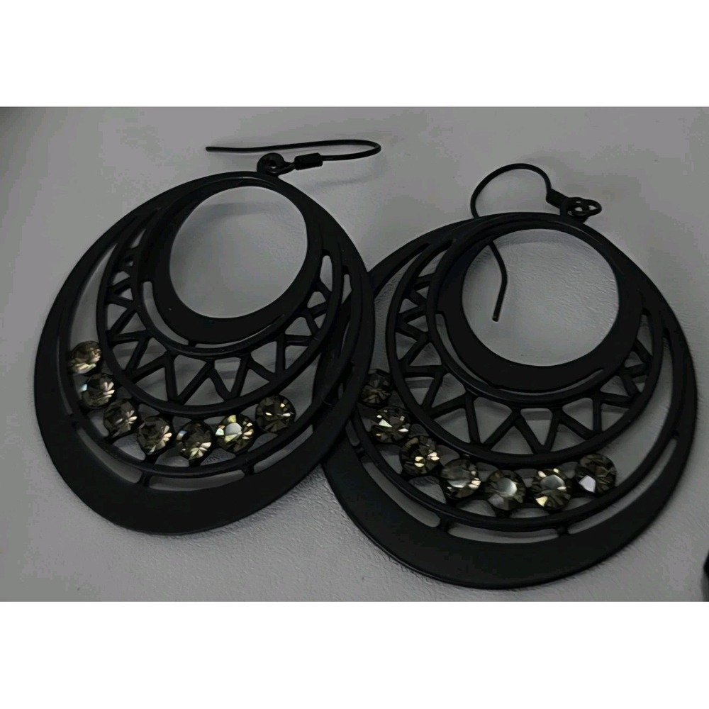 Matte‎ Black Faceted Bead Necklace & Rhinestone Orbital Drop Earring Jewelry Set - Picture 3 of 6